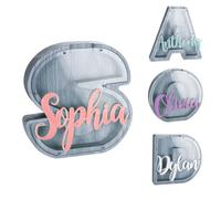 Custom Multi Font Piggy Bank with Multicolor Text Engraved Money Box Personalised Wooden Kids Letter Coin Money Bank Home Decoration Christmas Birthday Gift for Girls and Boys-Gray