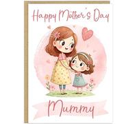 Custom Mummy & Daughter Happy Mother's Day Cards Personalised With Name Nanny Grandma Nan Cute Pastel Mum & Little Girl Illustration Heartwarming A5 Greetings Card (Design 1)