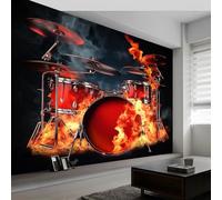 Custom Music Drum Flame Panoramic Wall Mural, Music Art Wallpaper 200 x 140 cm (W x H), Modern Wall Art Mural Panoramic Poster Wallpaper for Living Room Bedroom Office