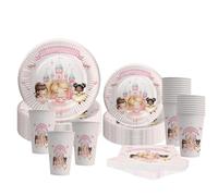 Custom Name & Age Fairytale Princess Party Decorations, Pink Castle Plates Cups Napkins, Daughters Birthday Tableware Supplies, Kids Themed Pack of 24