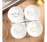 Custom Name and Date Ceramic Ring Dish, 4 Inch Round Trinket Tray for Wedding and Engagement, Personalize Gift for Bride and Groom, Couples