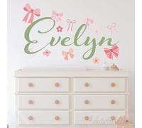 Custom Name Bow Wall Decals for Girls Room, Personalized Flower Nursery Decor, Dreamy Floral Peel and Stick Removable Vinyl Stickers for Baby Girl Bedroom Playroom
