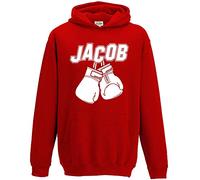 Custom Name Boxing Gloves Kids Hoodie, Personalised Text Gifts For Boys and Girls , Unique and Cool Birthday Christmas Boxer Hoody, Hooded Boxing Training Jumper Gift, Red, 5-6 Years