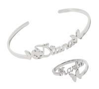 Custom Name Bracelet Ring Set, Kucheed Personalized 18K Gold Plated Engraved Letter Jewelry, Elegant Butterfly Bangle Finger Rings, Unique Memorial Gifts for Birthday Anniversary Mother's Day (Silver)