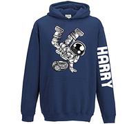Custom Name Break Dancing Astronaut Kids Hoodie, Personalised Text Gifts For Boys and Girls , Unique and Cool Birthday Christmas Dance Class Hoody, Hooded Dancer Jumper Gift, Navy, 7-8 Years