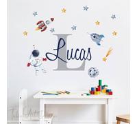 Custom Name Capital Name Color Space Ship Wall Decal - Personalized Planet Wall Sticker - Spaceship Planet Outer Space Wall Decor for Nursery Bedroom playroom