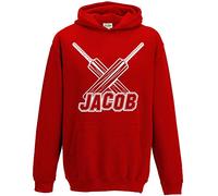 Custom Name Cricket Bat Kids Hoodie, Personalised Text Gifts For Boys and Girls , Unique and Cool Birthday Christmas Cricketer Hoody, Hooded Cricket Player Jumper Gift, Red, 5-6 Years