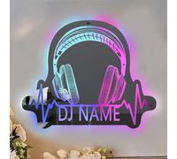 Custom Name Disc Music Player Wall Art Sign With LED Light, Personalized DJ Earphones Mirror Sign, DJ Headphones Led Neon Light Sign Wall Hanging Decor Musical Instrument
