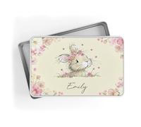 Custom Name Easter Tin Cute Bunny Floral Design Personalised Gift Box for Girls Kids Baby Easter Basket Alternative Candy Chocolate Storage Tin Spring Keepsake Case Unique Easter Present Idea