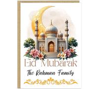 Custom Name Eid Celebration Card - Eid Mubarak Mosque Crescent Moon Design - Blessings of Allah Hope Faith Joy - Perfect for Eid al-Fitr Eid al-Adha Family Keepsake Cards