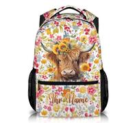 Custom Name Highland Cow Rucksack for Girls & Women, Personalised School Backpack, Large Capacity Lightweight Bag with Floral Print