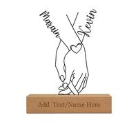 Custom Name Holding Hand Metal Iron Art Sculpture for Couples, Minimalist Wire Work Desk Decor with Wooden Base, Romantic Anniversary Wedding Birthday Present for Her Him, Small Tabletop Ornament