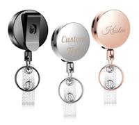 Custom Name ID Badge Holder Reel with Belt Clip Keyring Personalized Initials Text Heavy Duty Metal Keychain Retractable Fiber Pull Cord for Key Name Card Holder,Round, Bulk 1-100pcs,Black Silver Gold