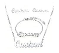 Custom Name Jewelry Sets, LucBuy Personalized 18K Gold Plated Necklace Bracelet Earrings Set, Customized Letter Jewelry with any Name or Word, Unique Gifts for Birthday Anniversary Wedding (Silver)