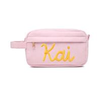 Custom Name Makeup Bag Personalized Pencil Case Yarn Name Pouch Cosmetic Organizer Back to School Corduroy Bag Bridesmaid Gift(Pink)
