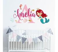 Custom Name Mermaid Wall Decal Girls Personalized Name Mermaid and Fish Wall Sticker Custom Initail Baby Girl Nursery Room Wall Decor with Design 2