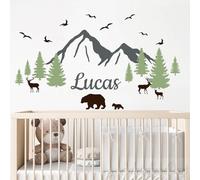 Custom Name Mountains Wall Decal Nursery Boho Theme Nursery Wall Sticker Wall Art Bear Trees Wall Decor Kids Wall