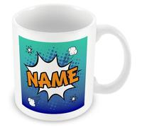 Custom Name Mug Personalised Gift - Blue Comic Style Ceramic Coffee Cup, Dual-Sided Print, Dishwasher Safe | Unique Present for Birthdays, Teachers, Friends, Office, Women, Secret Santa, Christmas