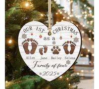 Custom Name Our First Christmas As A Family of Four Footprints Dog Paw Ornament, Personalized 2025 1st First Christmas Family of 4 New Baby Wooden Ornament Crafts Gifts for New Mom Parents