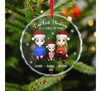 Custom Name Our First Christmas As A Family of Three Crystal Ornament, Personalized 2025 1st First Christmas Family of 3 New Baby Glass Ornament Xmas Tree Crafts Gifts for New Mom Parents