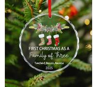 Custom Name Our First Christmas As A Family of Three Crystal Ornament, Personalized 2025 1st First Christmas Family of 3 New Baby Glass Ornament Xmas Tree Crafts Gifts for New Mom Parents