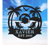 Custom Name Palm Tree Sign, Personalized Sunset Dolphin Beach Sign Metal Wall Art, Customized Bathroom Backyard Lake House Coastal Decor Last Name Sign