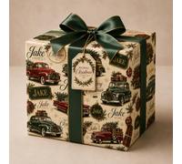 Custom Name Retro Christmas Gift Wrap Featuring Classic Cars, Pickup Truck & Woody Wagon - Personalised Christmas Wrapping Paper