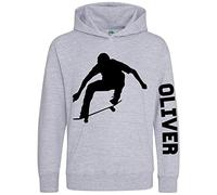 Custom Name Skateboard Kids Hoodie, Personalised Text Gifts For Boys and Girls, Unique and Cool Birthday Christmas Skater Hoody, Hooded Skating Kickflip Jumper Gift, 9-11 Years, Grey