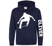 Custom Name Skateboard Kids Hoodie, Personalised Text Gifts For Boys and Girls, Unique and Cool Birthday Christmas Skater Hoody, Hooded Skating Kickflip Jumper Gift, 7-8 Years, Navy