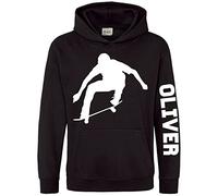 Custom Name Skateboard Kids Hoodie, Personalised Text Gifts For Boys and Girls, Unique and Cool Birthday Christmas Skater Hoody, Hooded Skating Kickflip Jumper Gift, 9-11 Years, Black