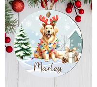 Custom Name Sporting Dog Breed Christmas Tree Keepsake Decoration - Wood or Acrylic Personalised Pet Bauble For Dog Owners (Golden Retriever, MDF Wood - Indoor Use Only)