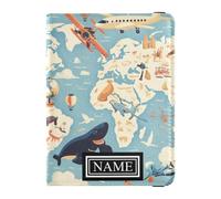 Custom Name Travel Wallet Leather Passport Holder Anti Theft Ticket Holder for Men Trip Document World Map Featuring Global Icons and Wildlife