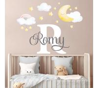Custom Name Wall Decal with Moon, Stars and Clouds - Personalized Rainbow Baby Nursery Monogram Sticker for Girl or Boy Bedroom Wall Decor