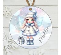 Custom Name Winter Fairy Bauble Ornament - Personalised Winged Fairies Hanging Decoration, Enchanting Tree Decor & Gift Tag for Kids, Grandkids (White & blue fairy, Acrylic - Indoor & Outdoor use)
