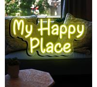 Custom Neon Sign 'My Happy Place' Personalized Led Neon Lights Signs With remote control dimmable for bedroom Home Bar Birthday Party Wedding Wall Decors(Lemon yellow,50x29cm(19x11in))