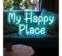 Custom Neon Sign 'My Happy Place' Personalized Led Neon Lights Signs With remote control dimmable for bedroom Home Bar Birthday Party Wedding Wall Decors(Ice blue,50x29cm(19x11in))