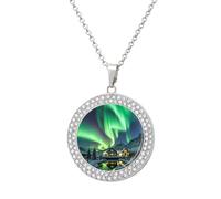 Custom Northern Lights Picture Necklace Personalized Circle Chain Pendant Gold/Silver Photo Dog Tag Keepsake Necklaces Hip Hop Memorial Jewelry Gifts for Men Women, One size, Titanium Steel