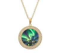 Custom Northern Lights Picture Necklace Personalized Circle Chain Pendant Gold/Silver Photo Dog Tag Keepsake Necklaces Hip Hop Memorial Jewelry Gifts for Men Women, One size, Titanium Steel