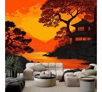 Custom Orange Wall Murals, Non-Woven Japanese Sunset Plants Architecture Mural Wallpaper - Large Photo Wallpaper for Living Room Bedroom Kitchen Hallway Office Kids, W 300 x H 210 cm