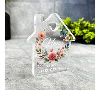Custom Ornament Home Happy Place Floral Wreath Heart House Plaque Keepsake Gift - Small Gifts For Him For Her, Present, Acrylic Plaque, Unqiue Gift, Ornament, Décor, Plaque, trinket, Keepsake Gift