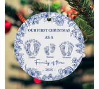 Custom Our First Christmas As A Family of Three Footprints Blue Flower Ornament, Personalized 2025 1st First Christmas Family of 3 New Baby Beramics Ornament Xmas Tree Crafts Gifts for New Mom