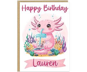 Custom Own Name 8 Fun Axolotl Girls Happy Birthday Designs - Always Be Yourself Swimming Bubble Tea I Love You Rainbow Girl Who Loves - Cute Greeting Cards A5 (Bubble Tea)