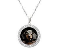 Custom Pad Dachshund Picture Necklace Personalized Circle Chain Pendant Gold/Silver Photo Dog Tag Keepsake Necklaces Hip Hop Memorial Jewelry Gifts for Men Women, One Size, Titanium Steel, Rhinestone