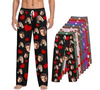 Custom Pajama Pants Personalised Face Photo Pyjamas Valentine's Day Heart Love Graphic With Yours Face PJ Pants Bottoms Gift for Men Women Sleepwear Long Trousers (Heart, Black, XL)