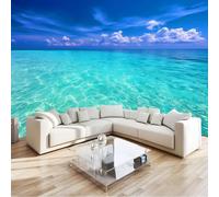 Custom Panoramic Wall Mural 200 x 140 cm, Blue Non-Woven Large Minimalist Seawater Wave Sunlight Cloud - Photo Background Wallpaper, Wall Decor for Kids Room Living Room, Dining Room Office