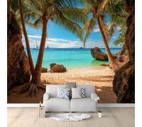 Custom Panoramic Wall Mural 250 x 175 cm, Dark Camel Non-Woven Large Tropical Palm Tree Sailboat Coastal Style Travel - Photo Background Wallpaper, Wall Decor for Kids Room Living Room, Dining Room
