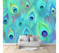 Custom Panoramic Wall Mural 300 x 210 cm, Blue Non-Woven Large Fantasy Texture Animal Peacock Feather Luxury - Photo Background Wallpaper, Wall Decor for Kids Room Living Room, Dining Room Office