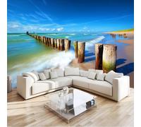 Custom Panoramic Wall Mural 300 x 210 cm, Blue Non-Woven Large Modern Beach Seaside Wave Wooden Post - Photo Background Wallpaper, Wall Decor for Kids Room Living Room, Dining Room Office