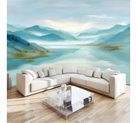 Custom Panoramic Wall Mural 300 x 210 cm, Navy Blue Non-Woven Large Oriental Abstract Artistic Mountains Mist Lake - Photo Background Wallpaper, Wall Decor for Kids Room Living Room, Dining Room