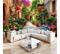 Custom Panoramic Wall Mural 350 x 256 cm, Dark Camel Non-Woven Large European Retro Street Potted Architecture Flowers - Photo Background Wallpaper, Wall Decor for Kids Room Living Room, Dining Room